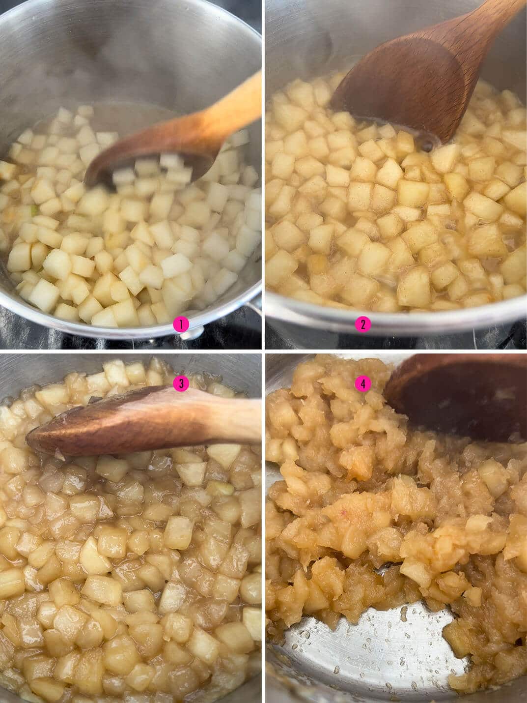 A collage of four images showing the steps to make apple compote in a saucepan from diced apples.