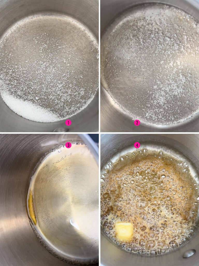A collage of four images to show how to make a dry caramel, starting with granulated sugar in a saucepan (image 1), slowly melting it into a clear syrup (image 2), then caramelizing the syrup until it turns golden or amber (image 3), and then finishing with butter (image 4).