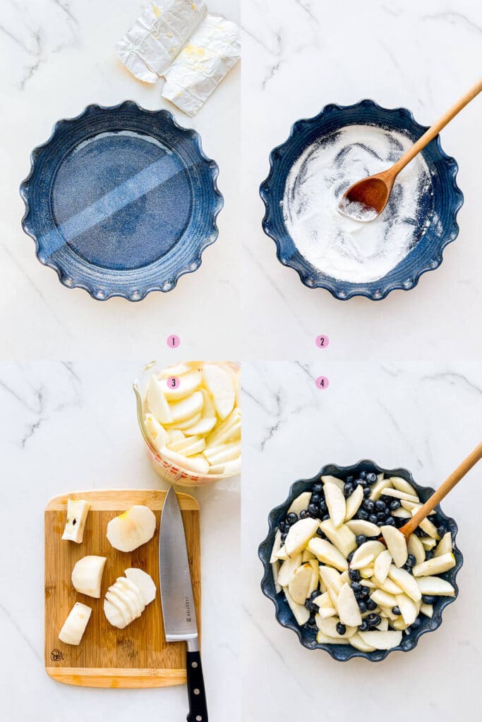 A collage of four images to show the steps of making the fruit filling for an apple blueberry crumble, from buttering the pan (image 1), combining the thickener and sugar (image 2), slicing the peeled apples (image 3), and mixing everything together with the blueberries (image 4).