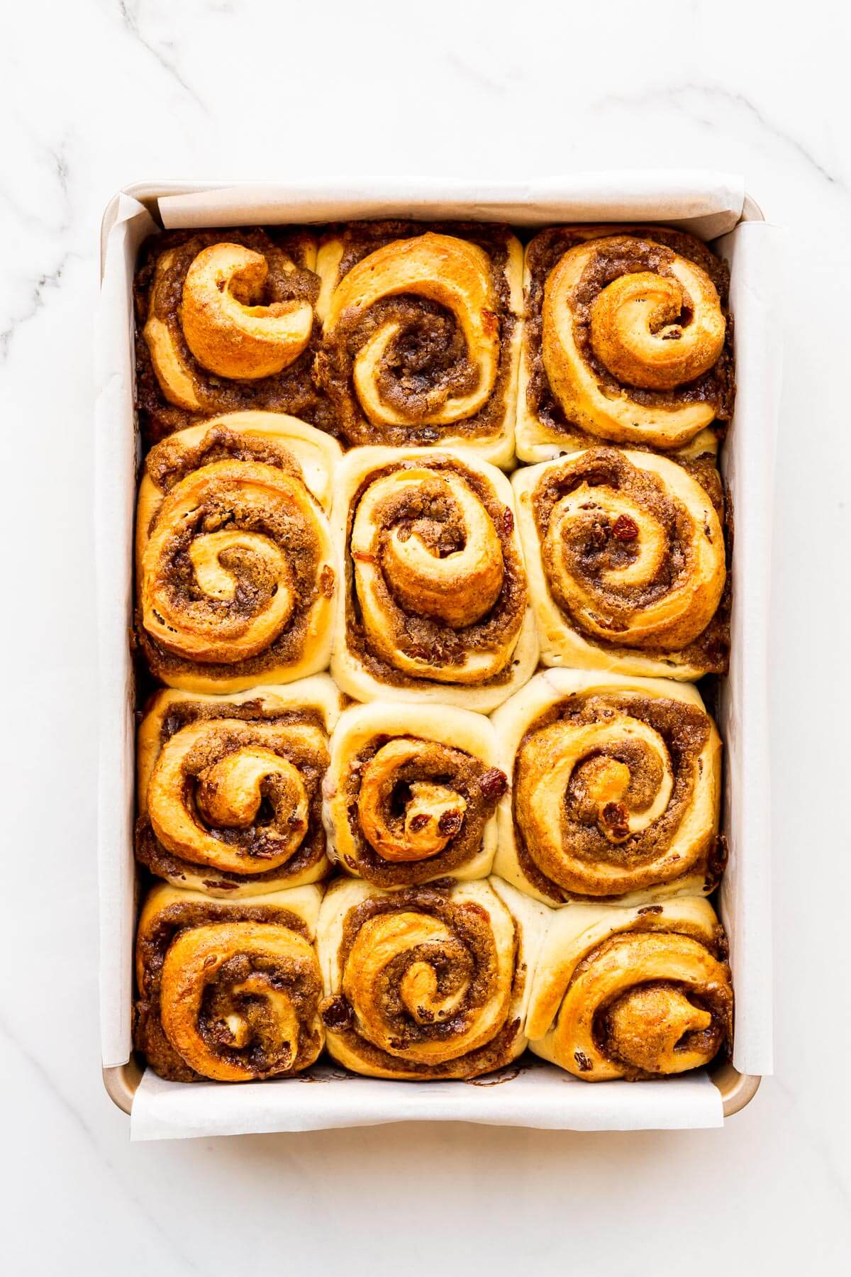 Cinnamon rolls with raisins after baking until golden brown.