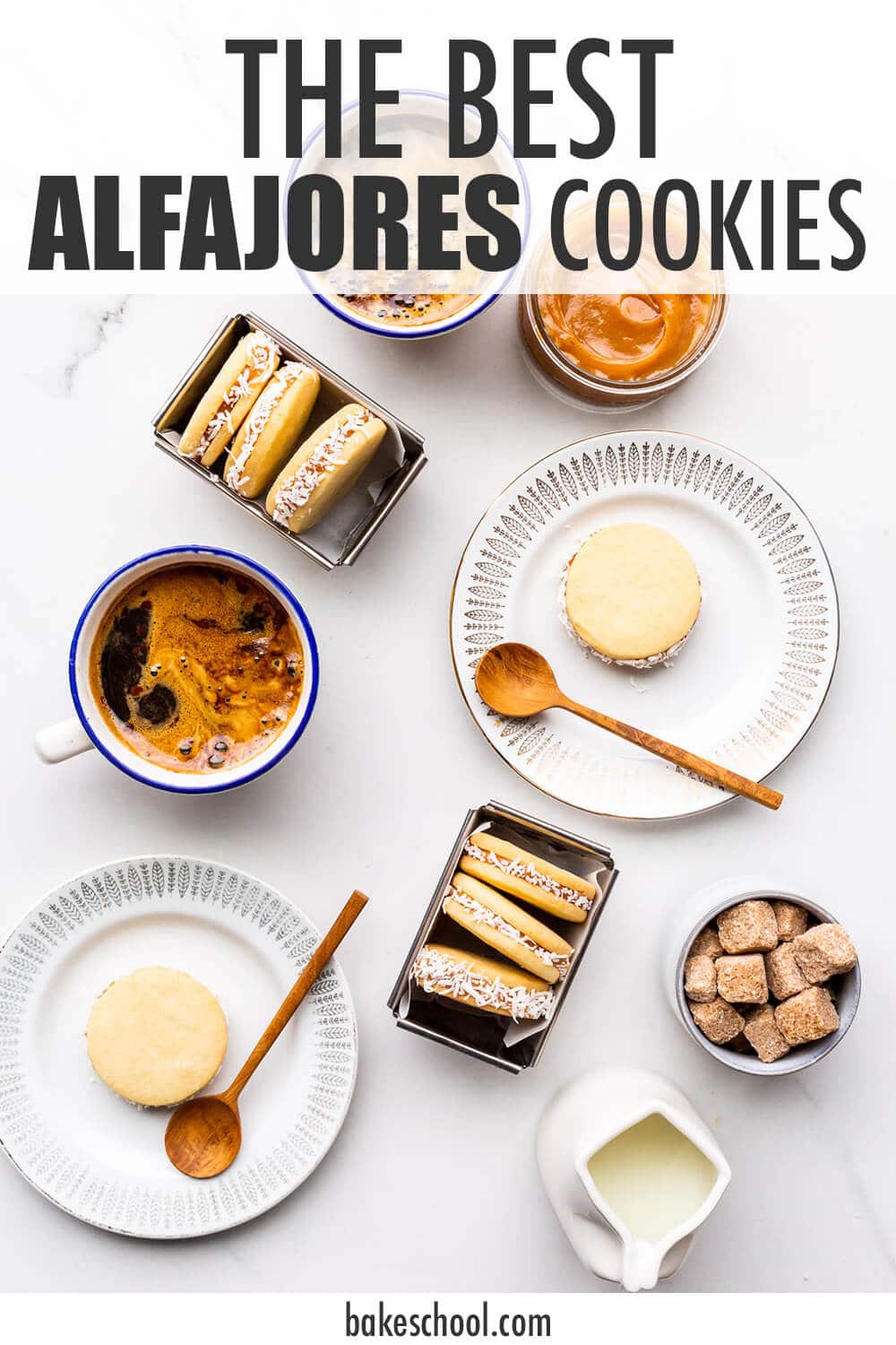 Alfajores sandwich cookies coated in coconut and served with coffee.