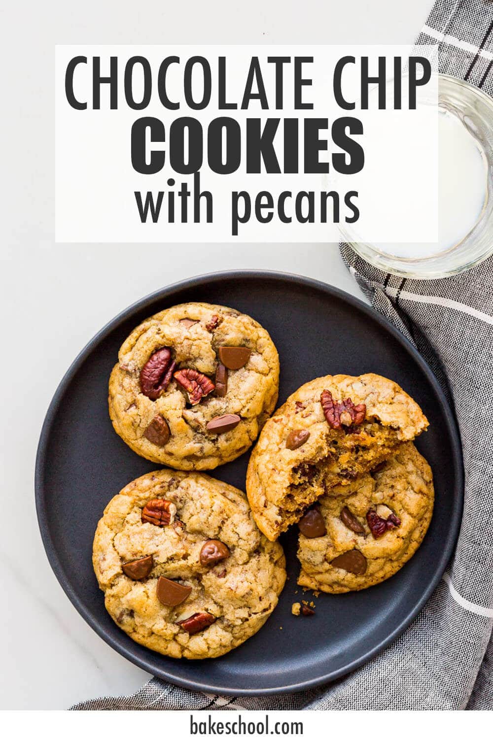 A plate of chocolate chip cookies with pecans and chunks of milk chocolate served with a glass of milk.