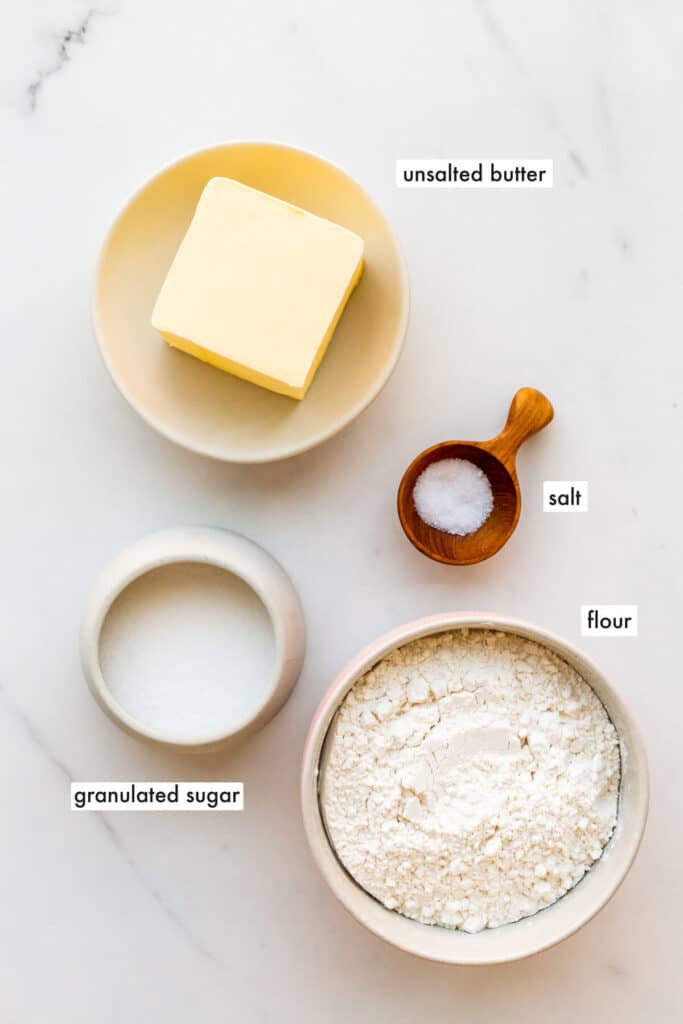 Ingredients to make shortbread cookies measured out and ready to be mixed.