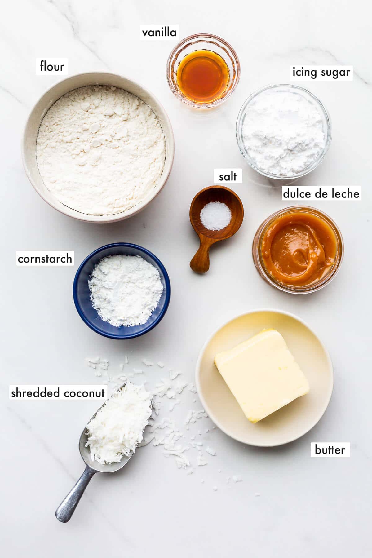 Ingredients to make alfajores cookies measured out and ready to mix.