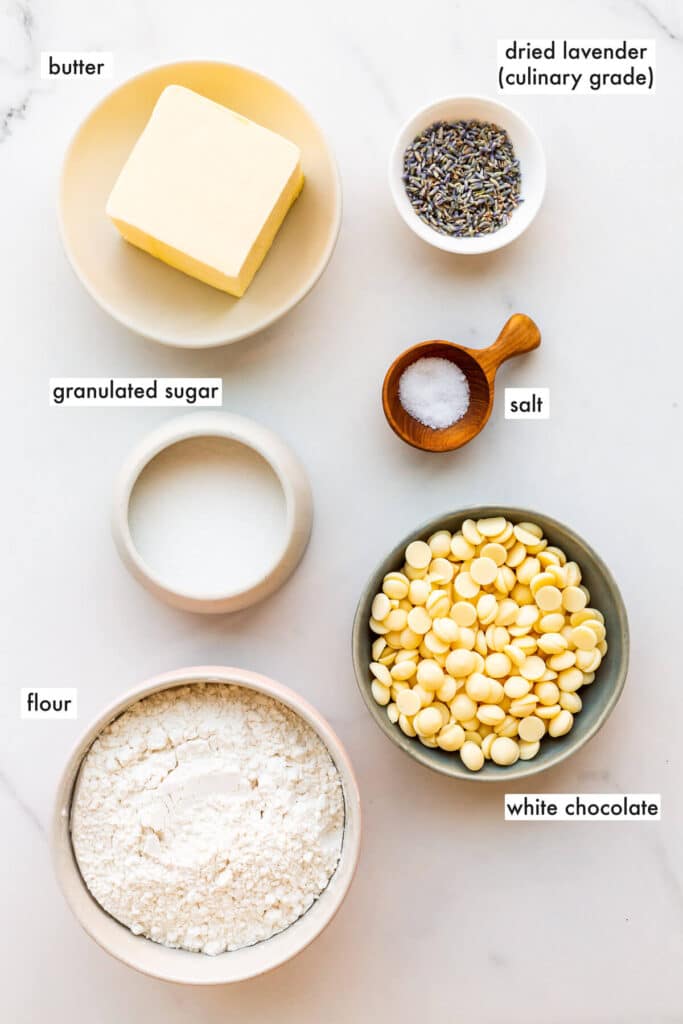 Ingredients to make lavender shortbread cookies measured out and ready to be mixed.