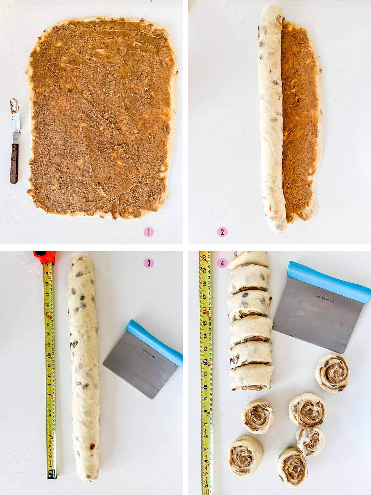 A collage of four images to show the key steps to shaping cinnamon rolls from spreading the cinnamon sugar filling on the rolled dough in the first image, rolling the dough into a log in the second image, using a measuring tape to divide the dough into 12 equal rolls in the third image, and using a pastry cutter to cut the rolls of dough in the fourth image.