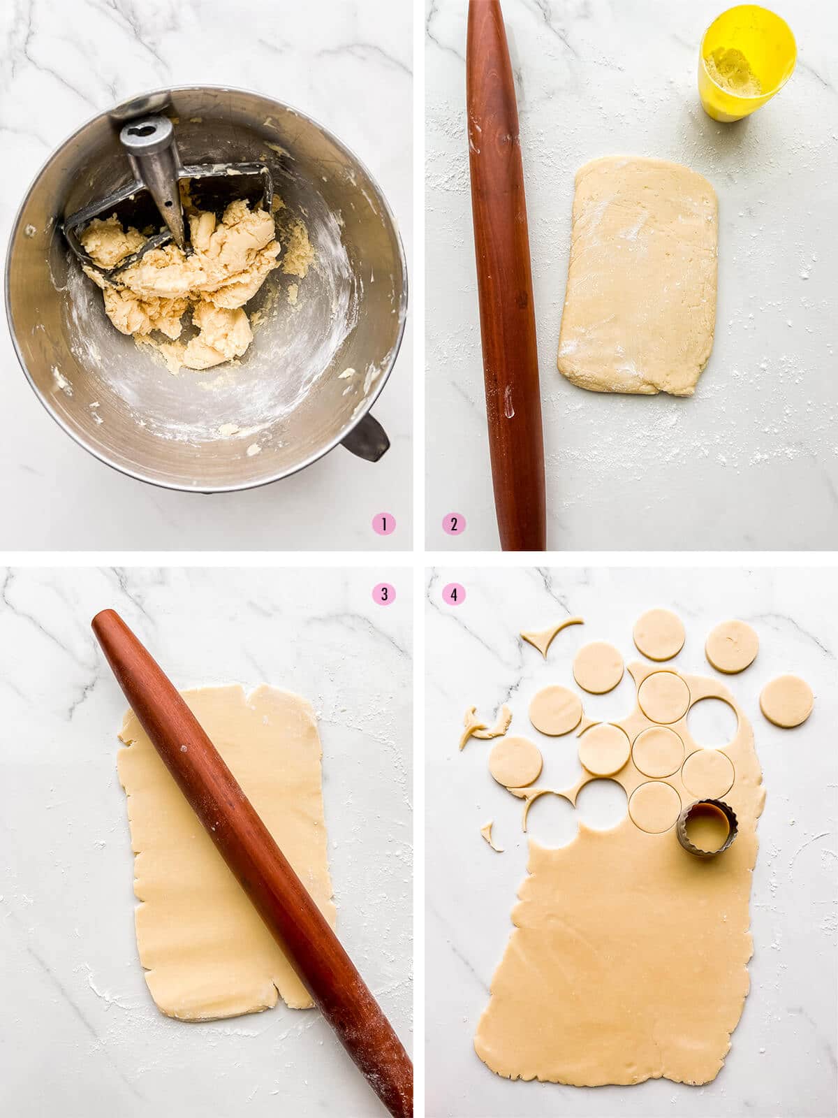 Collage of steps to make cutout shortbread cookies, including making the dough with the mixer in image 1, flouring the counter to roll out the chilled dough in image 2, rolling out the dough with a wood rolling pin in image 3, and cutting out perfect circles with a cookie cutter in image 4.