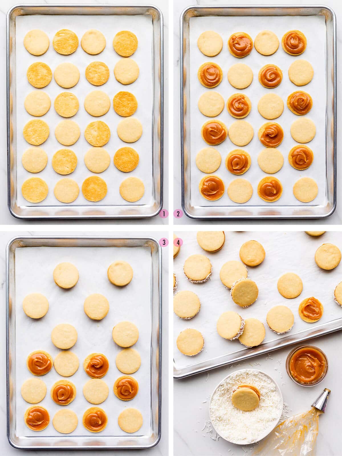 Collage of four images to show how to assemble alfajores cookies starting in image 1 with freshly baked shortbread cookie cutouts; image 2 shows half the cookies are topped with dulce de leche; image 3 shows how to sandwich the cookies; image 4 shows rolling the sandwich cookies in coconut to coat the edges.