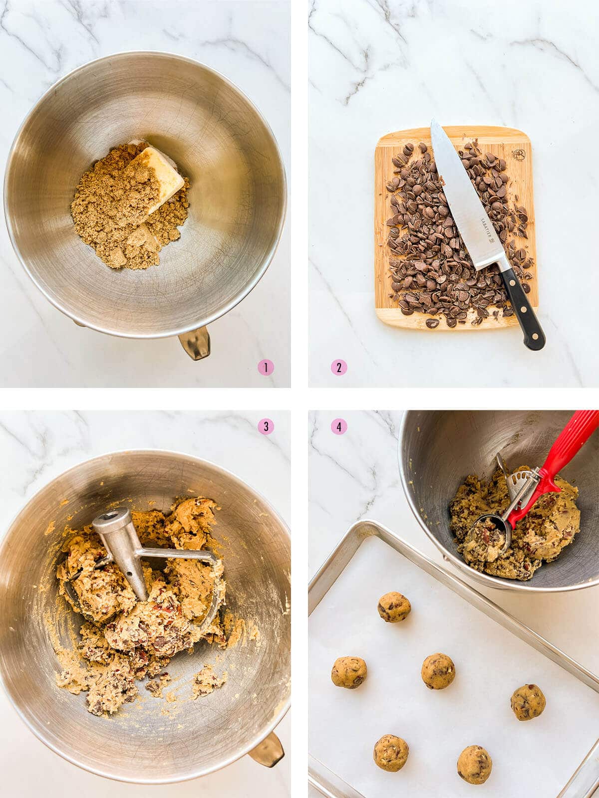 Collage of four images to show how to make chocolate chip cookies with pecans, including mixing the butter and sugars in the first image, chopping the chocolate in the second image, the raw cookie dough in the third image, and then scooping the dough with a disher onto a sheet pan in the fourth image.