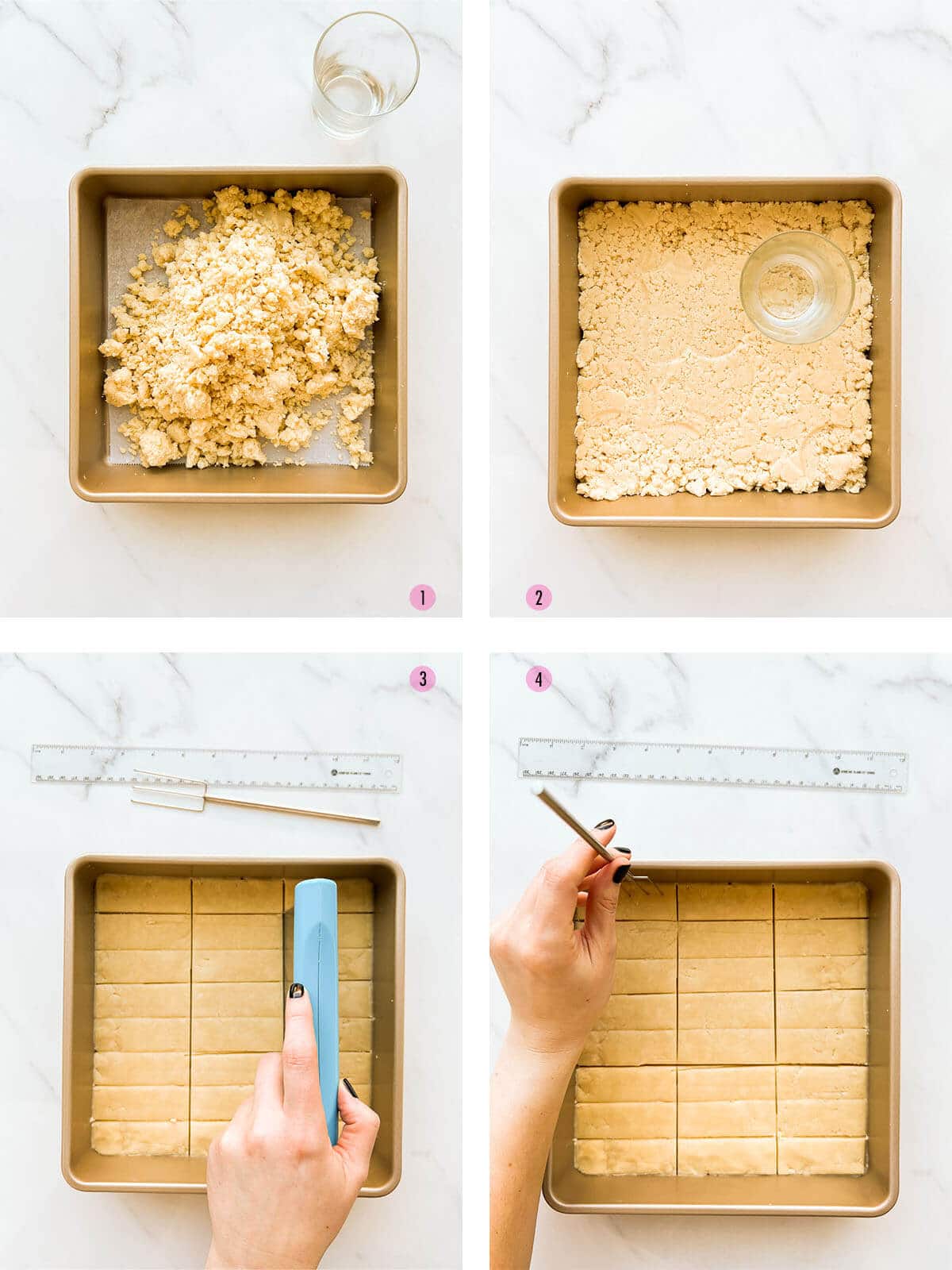 Collage of four images to show steps to make shortbread in a square baking pan, from transferring the crumbly raw dough to the pan in the first image, pressing it out from edge to edge with a flat-bottomed glass in the second image, pre-cutting the cookie sticks before baking in the third image, and docking the raw dough to poke holes and releases team as the cookies bake in the fourth image.