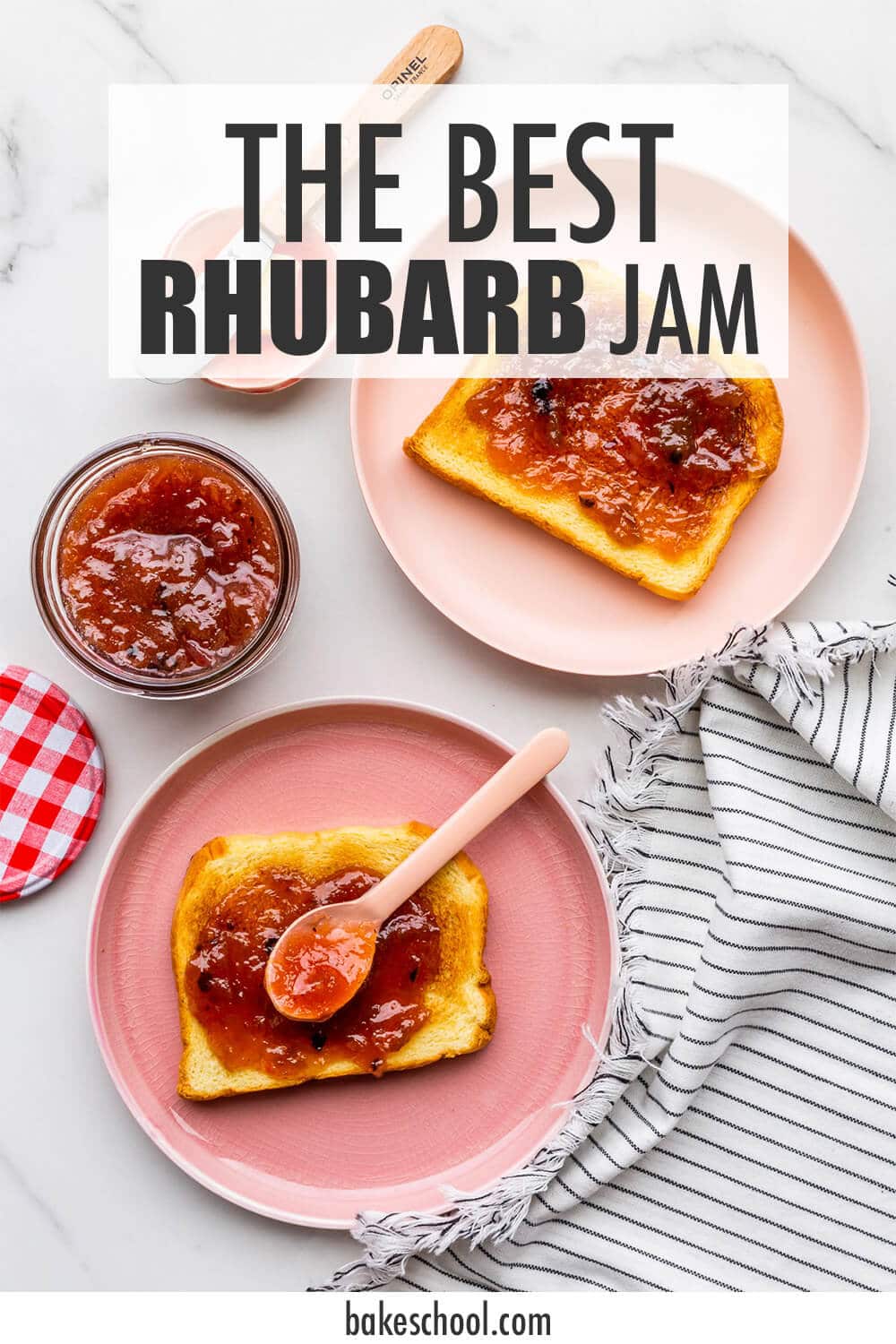 Two pink plates with toast, served with butter and jam.