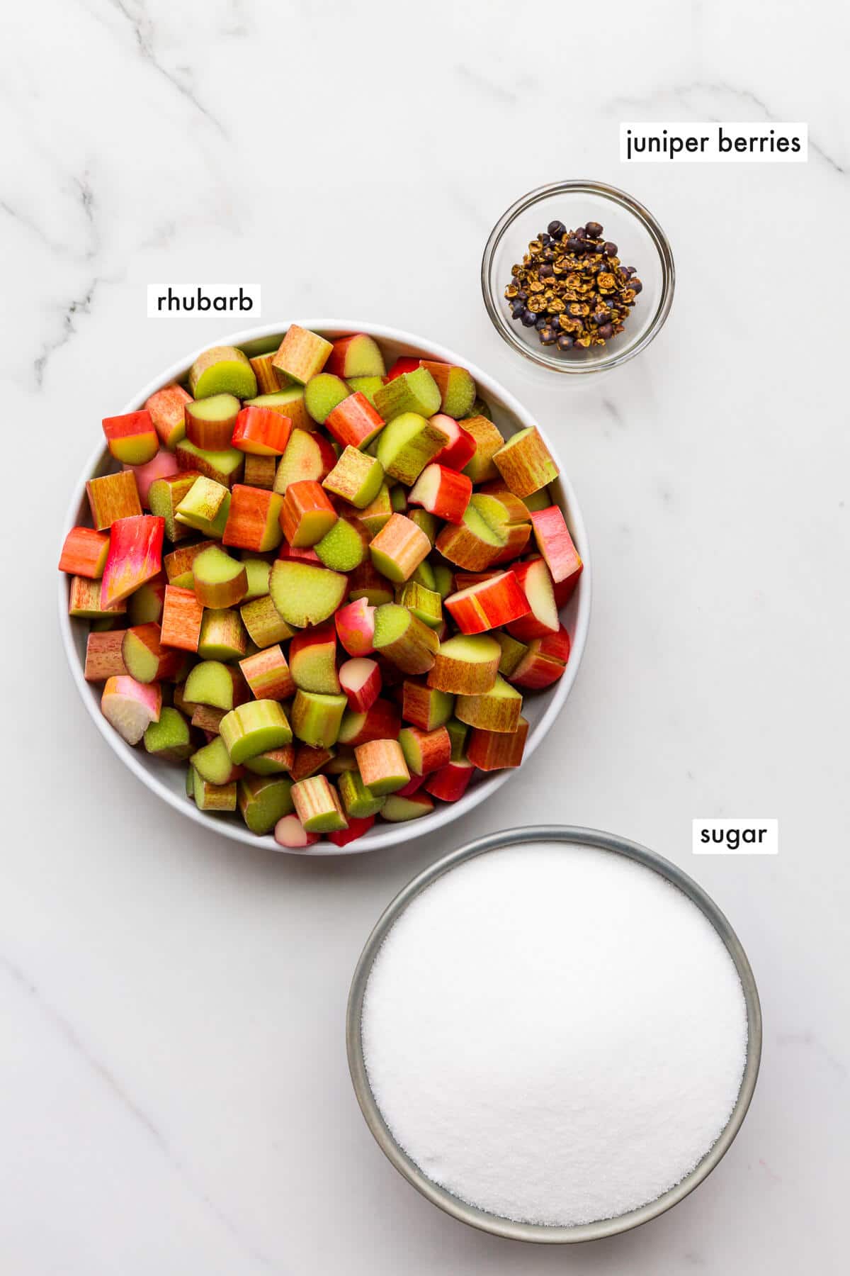 Ingredients to make rhubarb jam without pectin using fresh or frozen rhubarb and sugar.