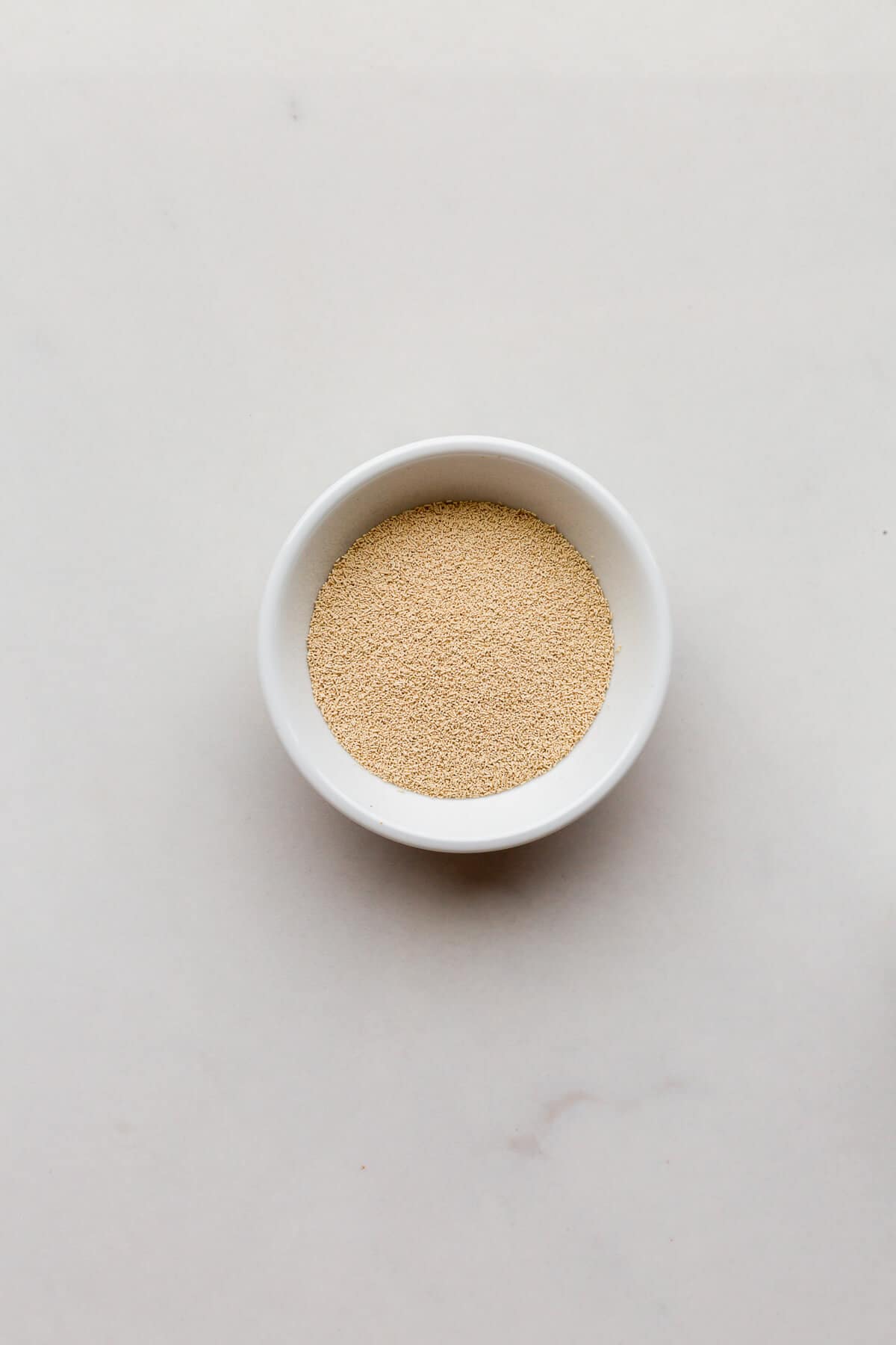 A small bowl of rapid rise dry yeast, enough to make a loaf of bread.