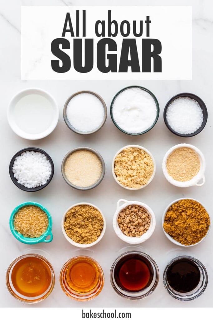 Different types of sugar used in baking (in granular and syrup forms) in mini prep bowls to show differences in texture, colour, and thickness of syrups.