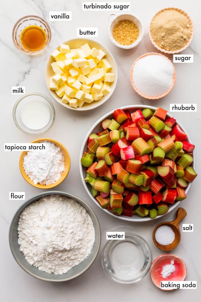 Ingredients to make the best rhubarb pie without strawberries.