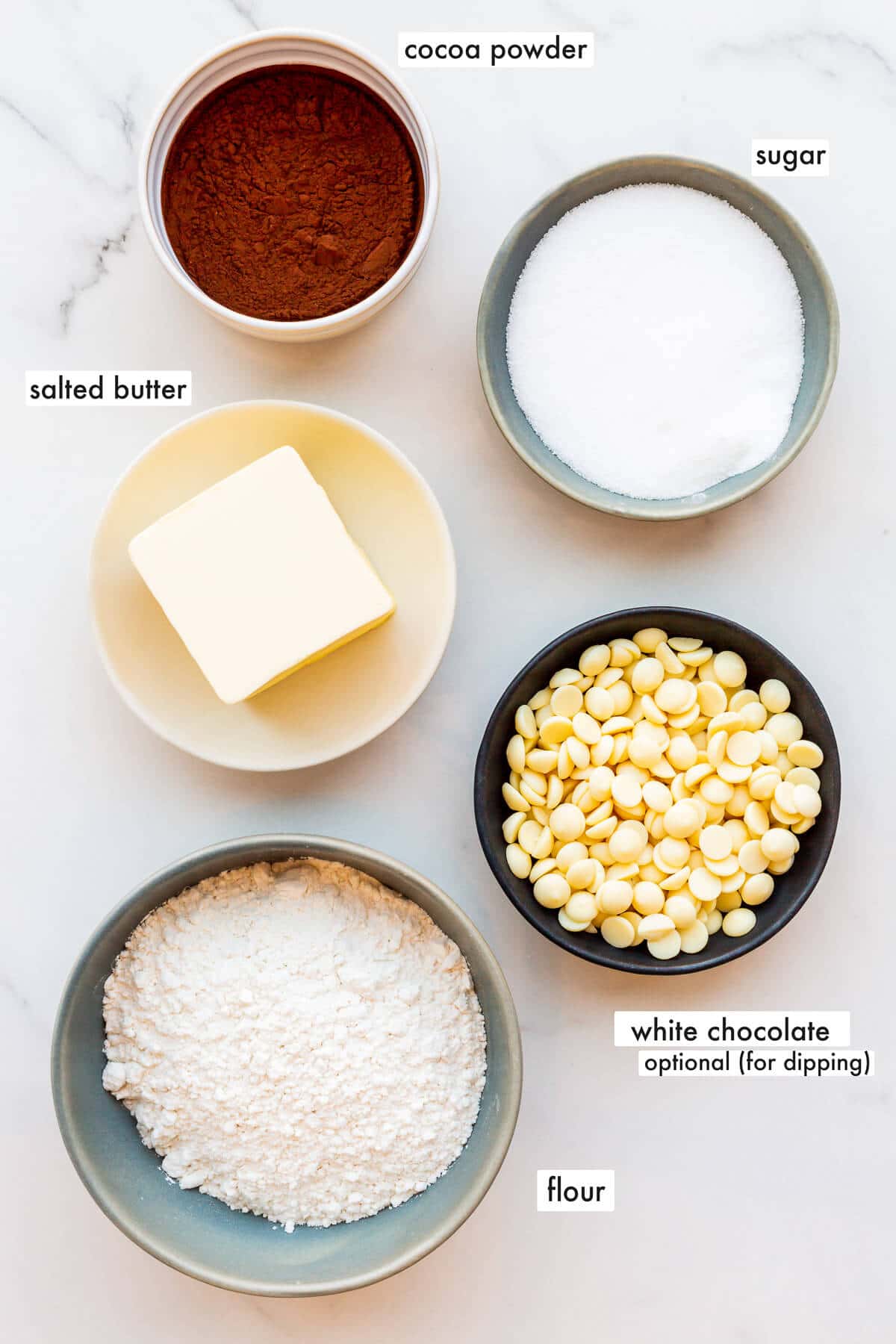 Ingredients to make chocolate shortbread cookies measured out and ready to mix.