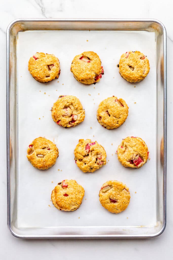 A sheet pan of freshly baked rhubarb scones.