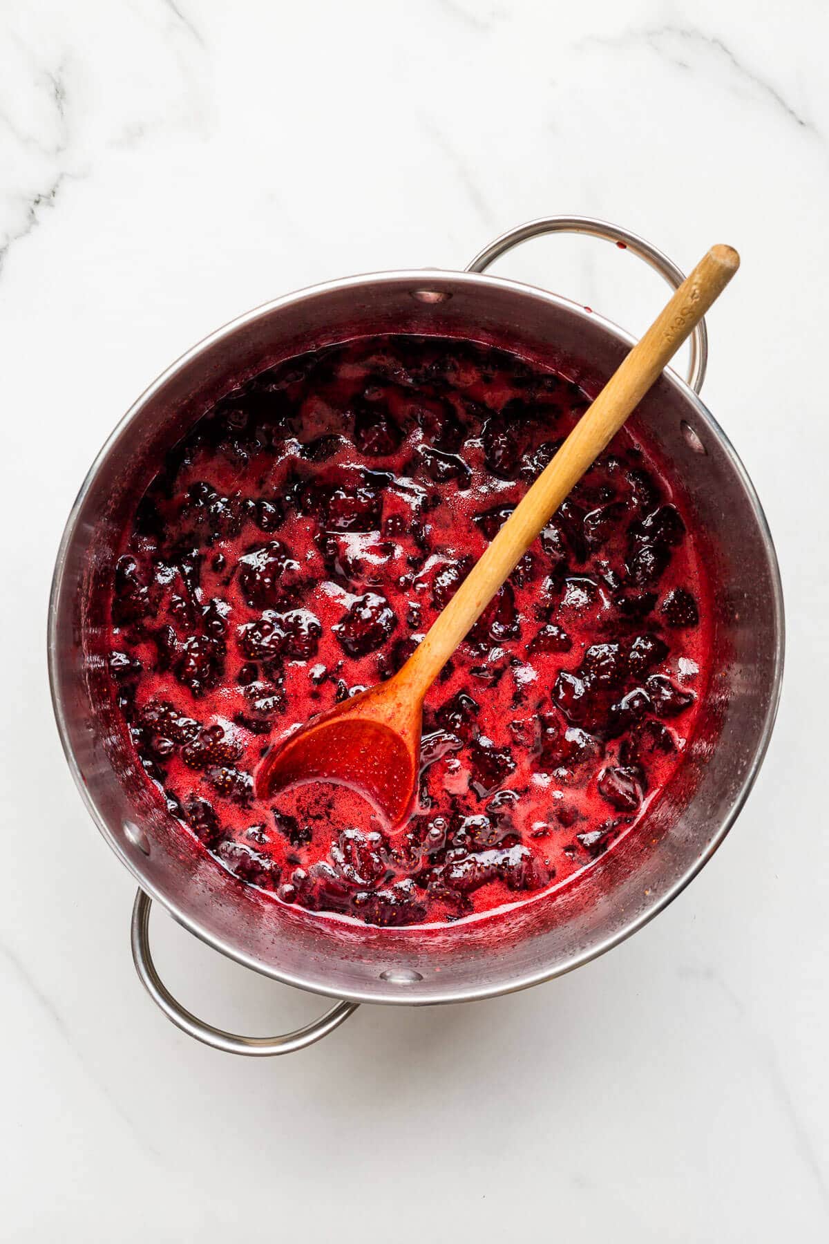 A pot of homemade jam ready to be transferred to jars.