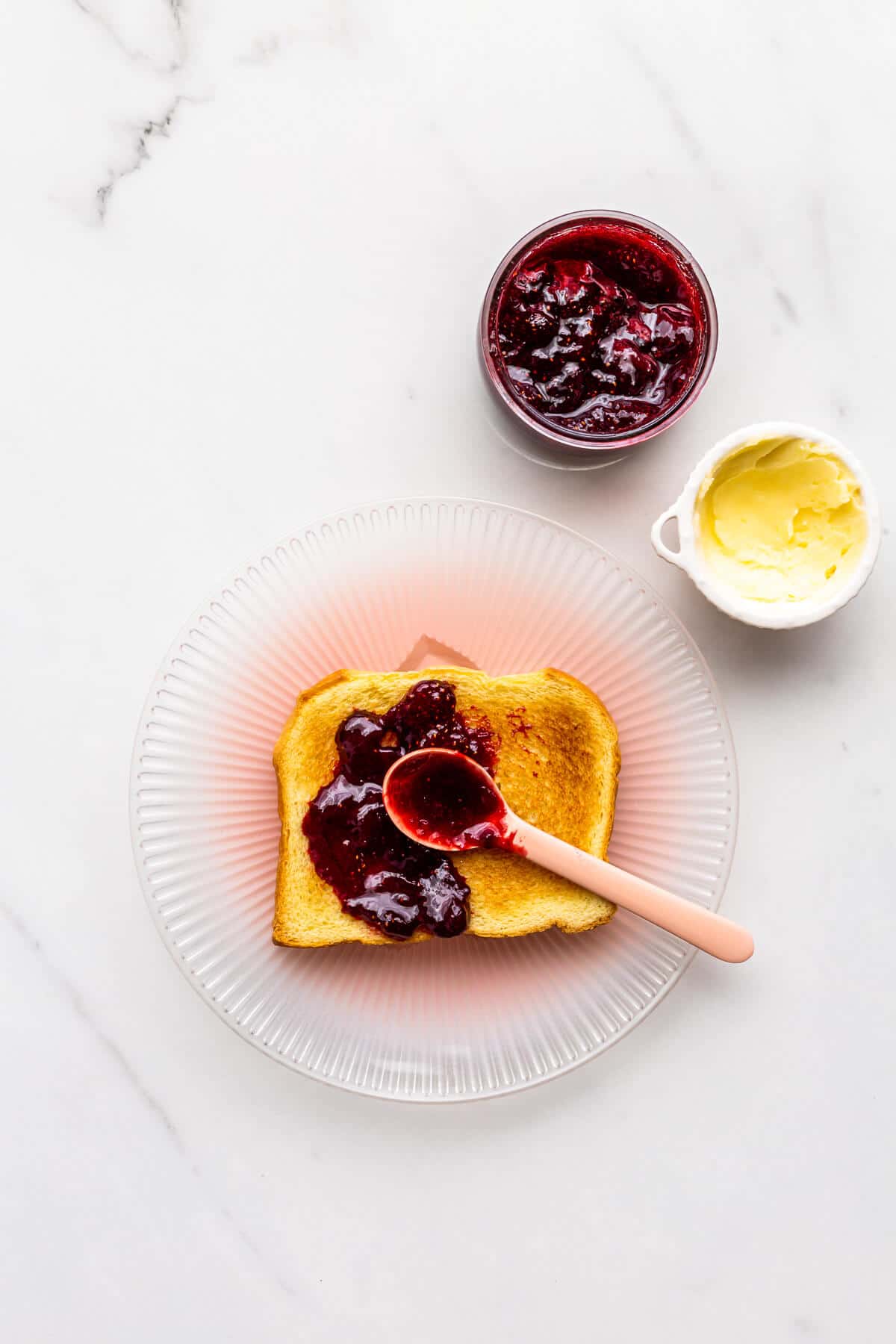 Toast served with homemade strawberry jam and butter.