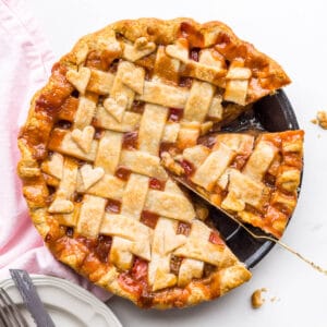 A perfect slice of rhubarb pie, ready to be served.