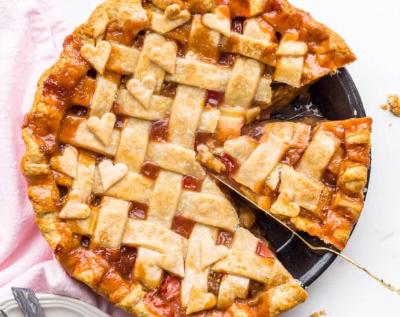 A perfect slice of rhubarb pie, ready to be served.