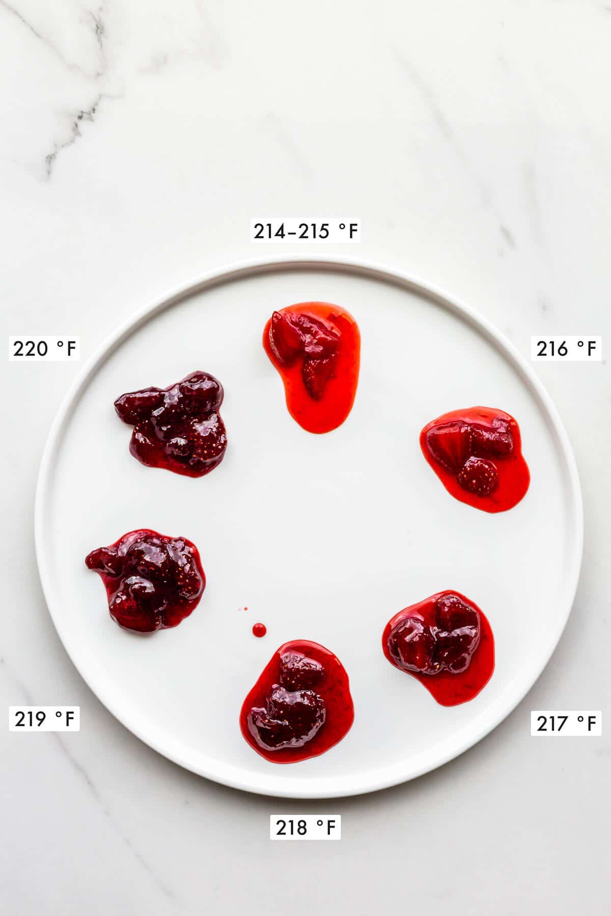 A palette of six dollops of homemade strawberry jam on a white plate. The samples were taken at different temperatures as the jam boiled on the stove so some are more set than others, which are runny.