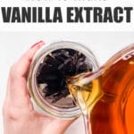 Pouring alcohol over vanilla beans in a jar to make homemade extract.