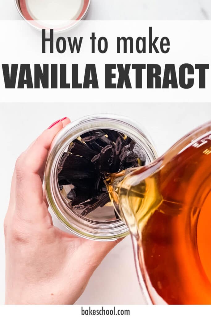 Pouring alcohol over vanilla beans in a jar to make homemade extract.