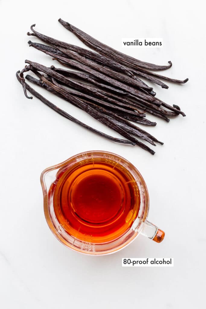 Ingredients to make homemade vanilla extract include vanilla beans and alcohol.
