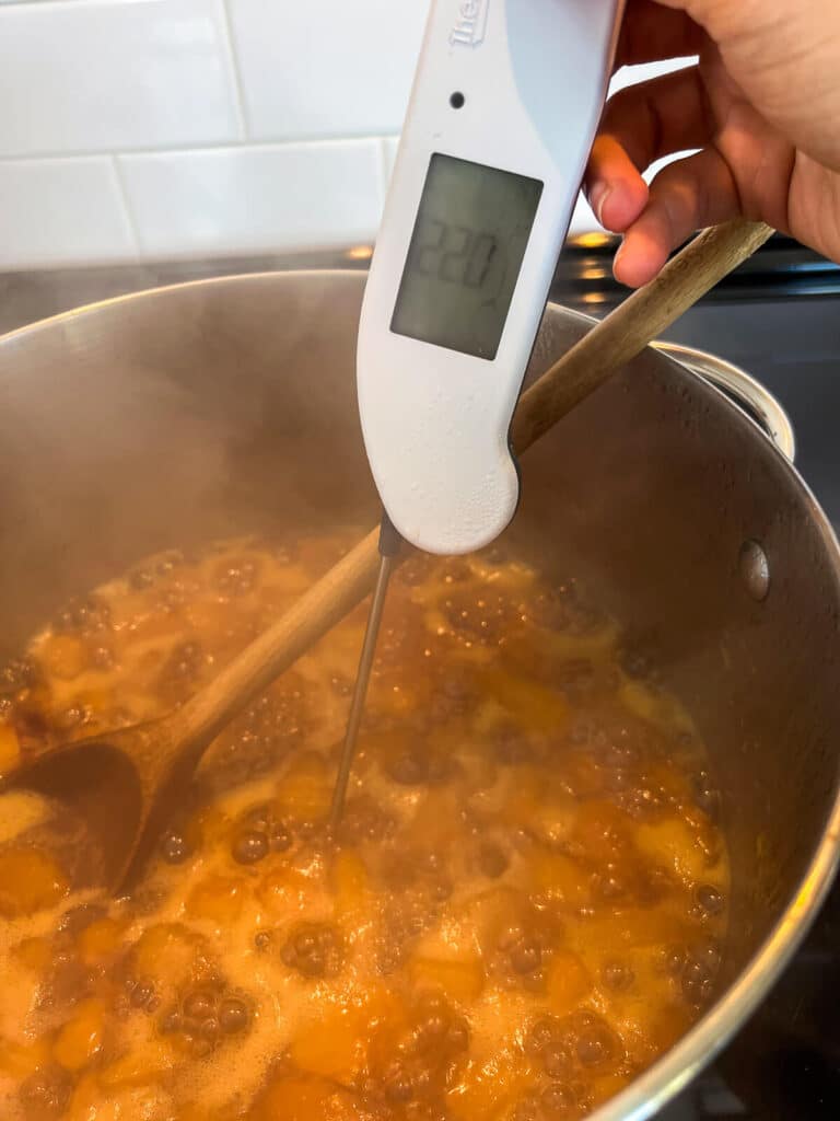 Using a digital thermometer to verify that the jam has boiled to the setting temperature of 220 °F (114–115 °C).