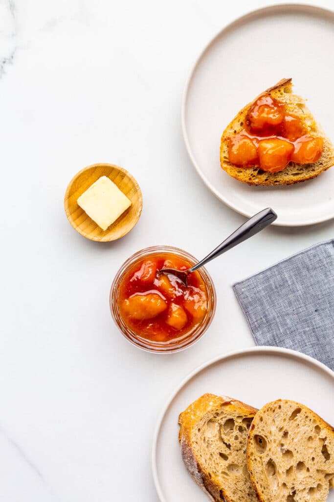 Sourdough bread with homemade peach jam.