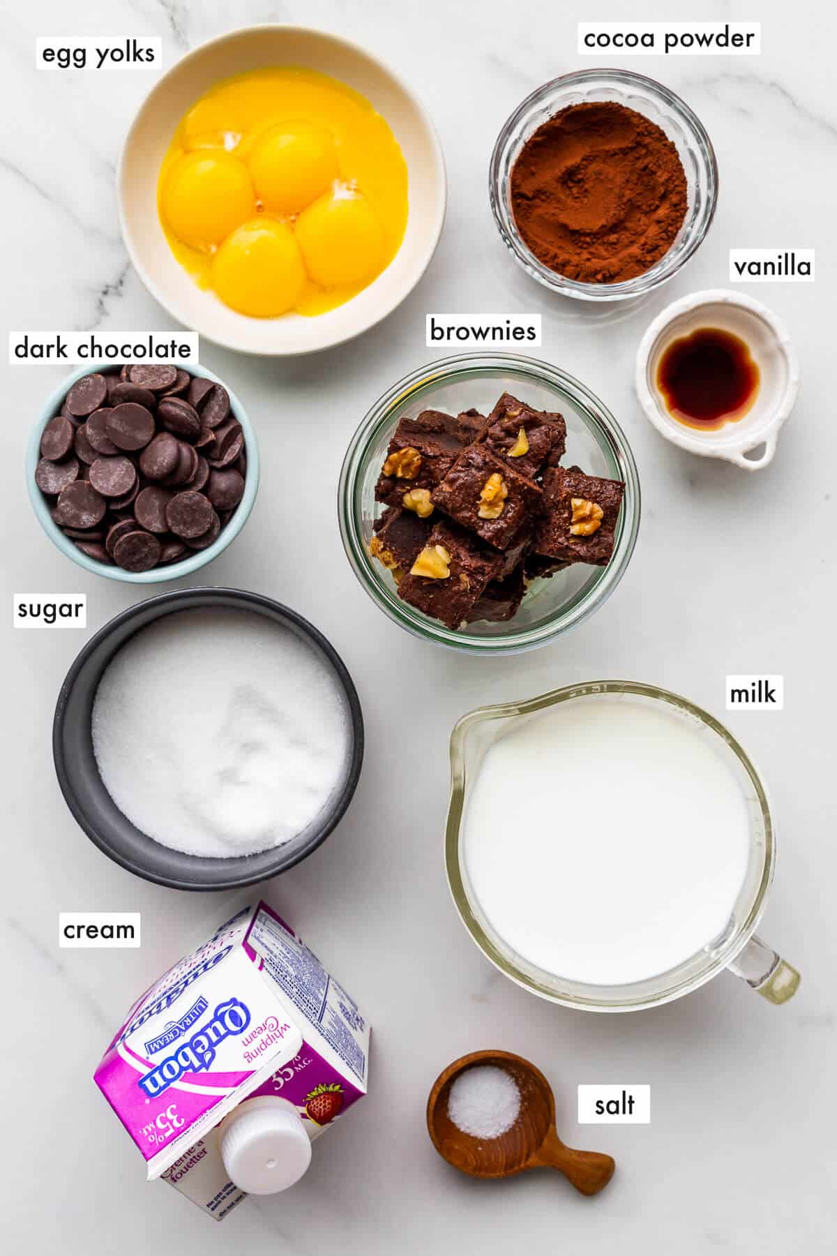 Ingredients to make chocolate brownie ice cream recipe.