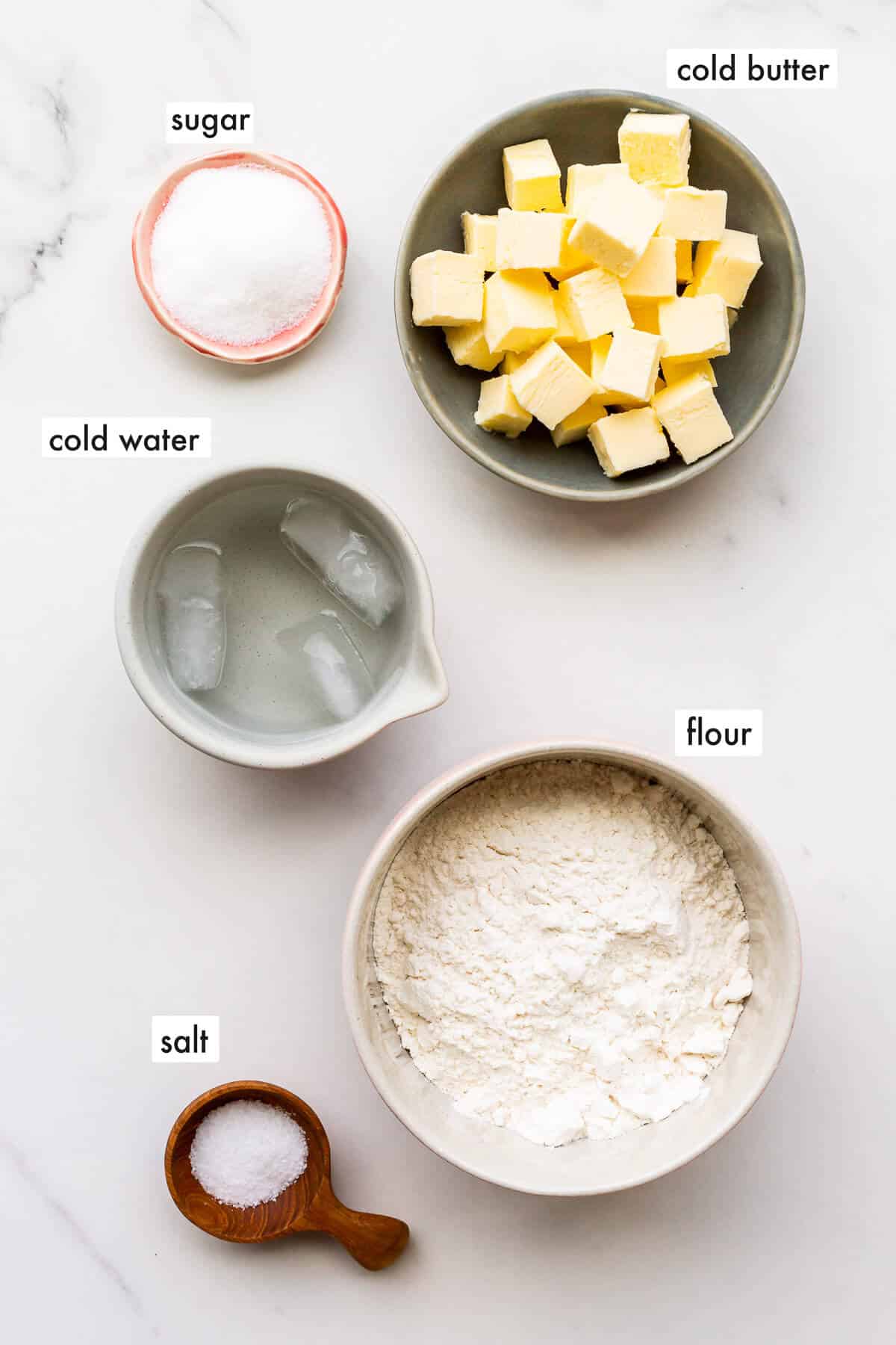 Ingredients to make pie crust in a food processor, measured out and ready to be assembled to make the dough.