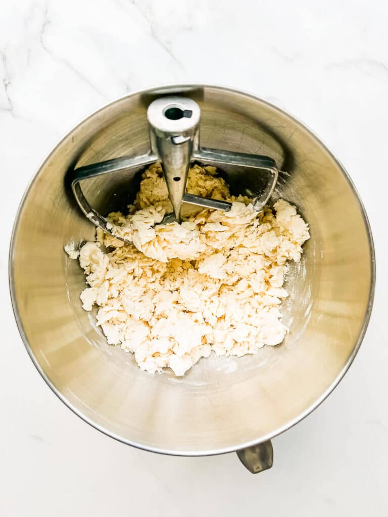 A shaggy pie dough made in a stand mixer with paddle attachment, ready to be gathered and shaped into a disk.