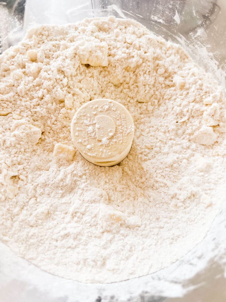 Coarse crumbly mixture of flour, salt, and butter in food processor, ready for water to bind the dough together to make pie crust.