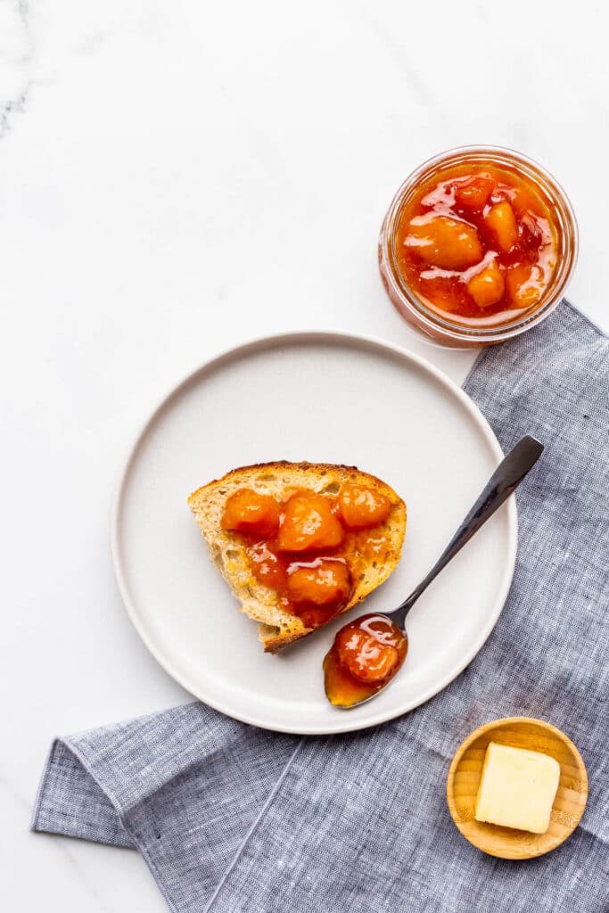 Sourdough and peach jam, with butter on the side.