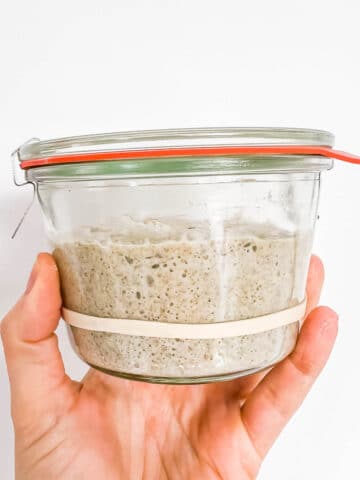 A jar of active sourdough starter that has been fed and doubled in size.