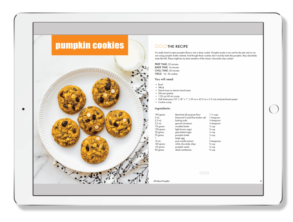 Rendering of pages 40 and 41 of All About Pumpkin on a tablet or iPad.