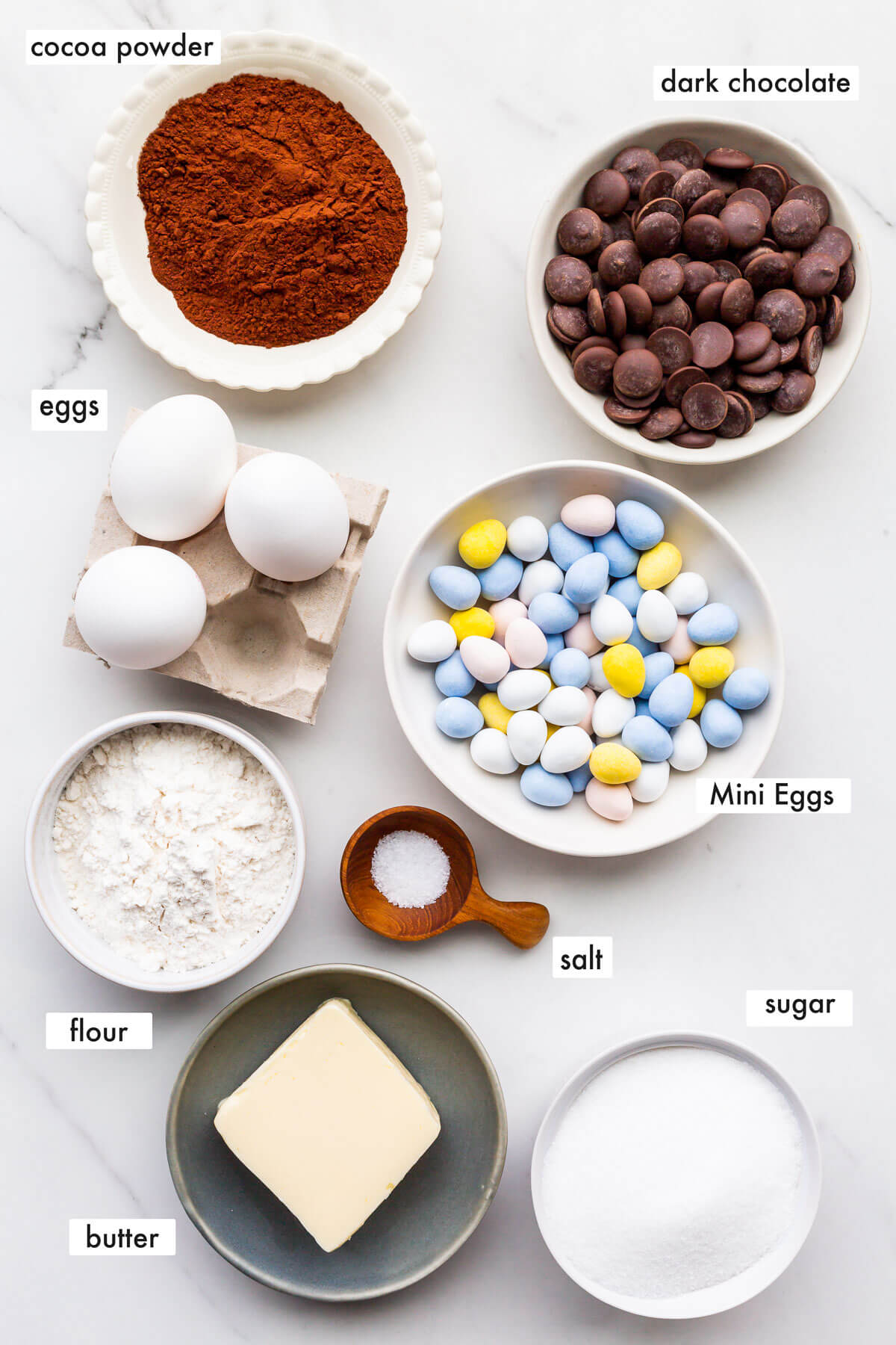 Ingredients to make Easter egg brownies measured out.