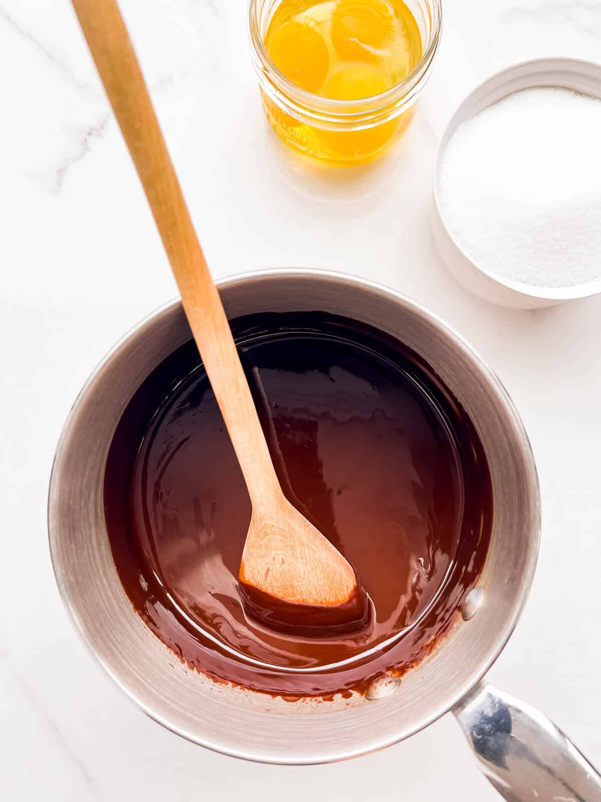 Dark chocolate and butter melted together to make brownie batter.