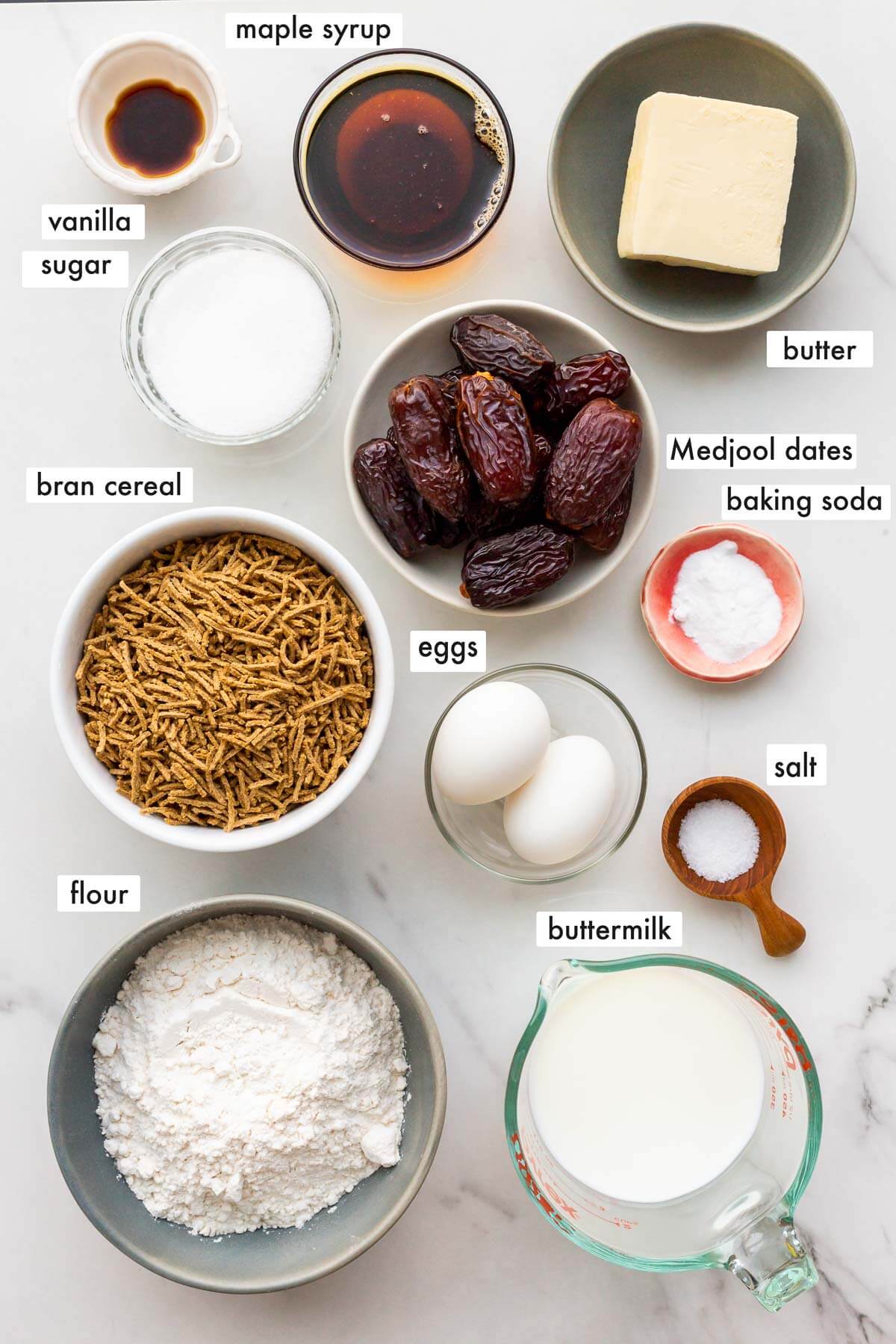 Ingredients to make date bran muffins measured out and ready to mix.