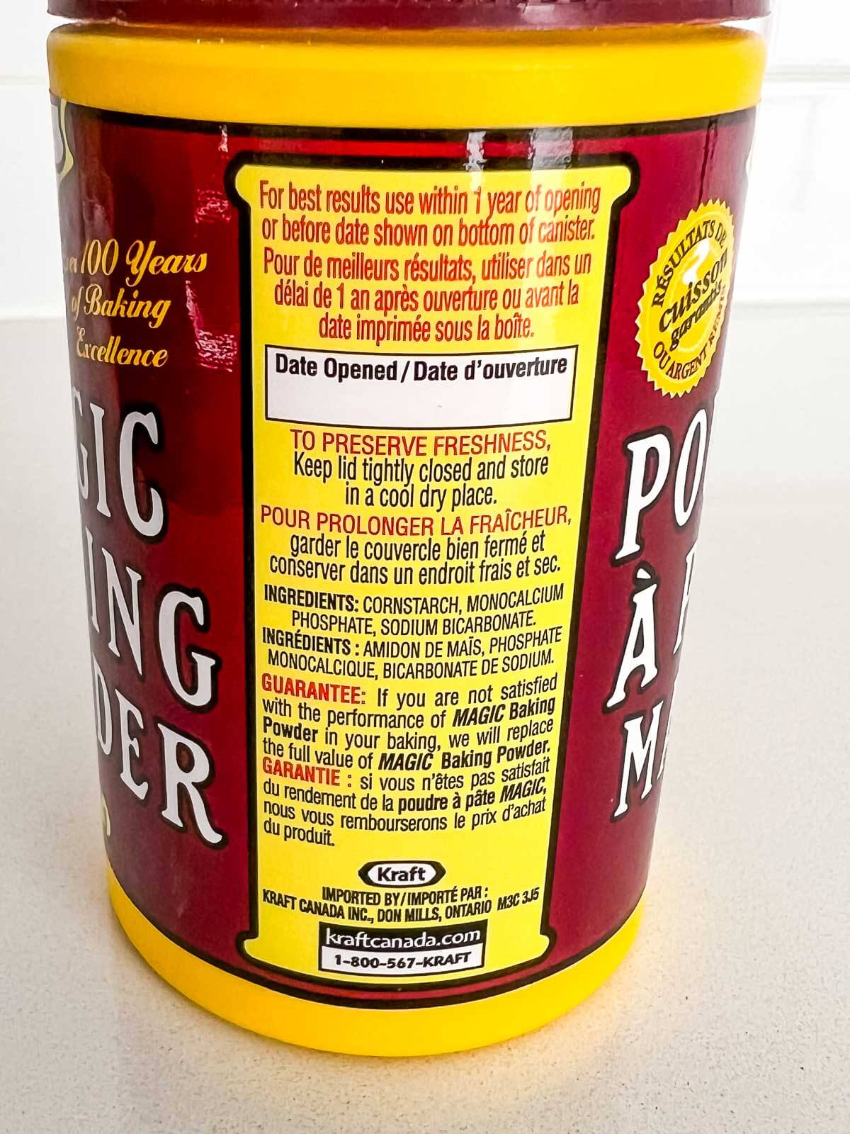 A closeup of the ingredients in Magic Baking Powder by Kraft.