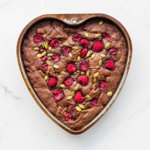 A heart-shaped pan of raspberry brownies.