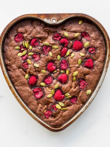 A heart-shaped pan of raspberry brownies.