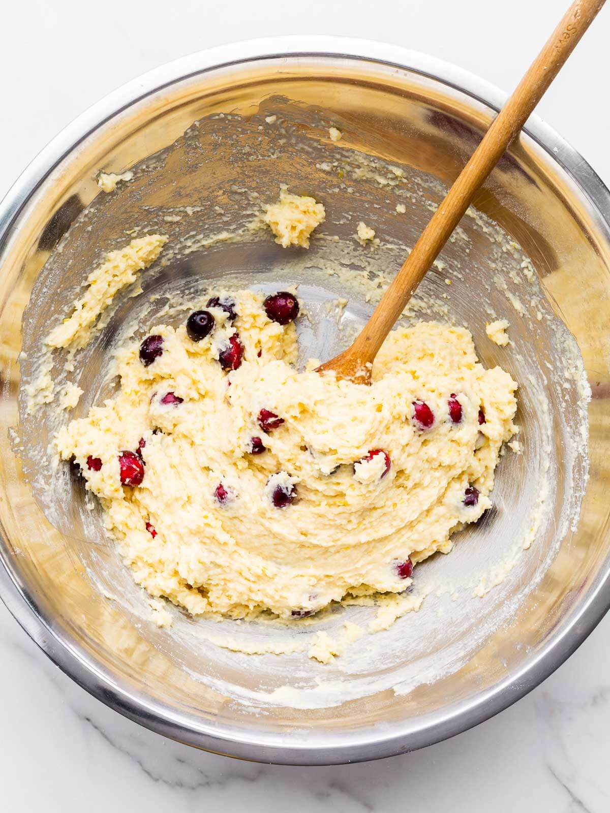 Cranberries stirred into a lemon batter to make muffins.