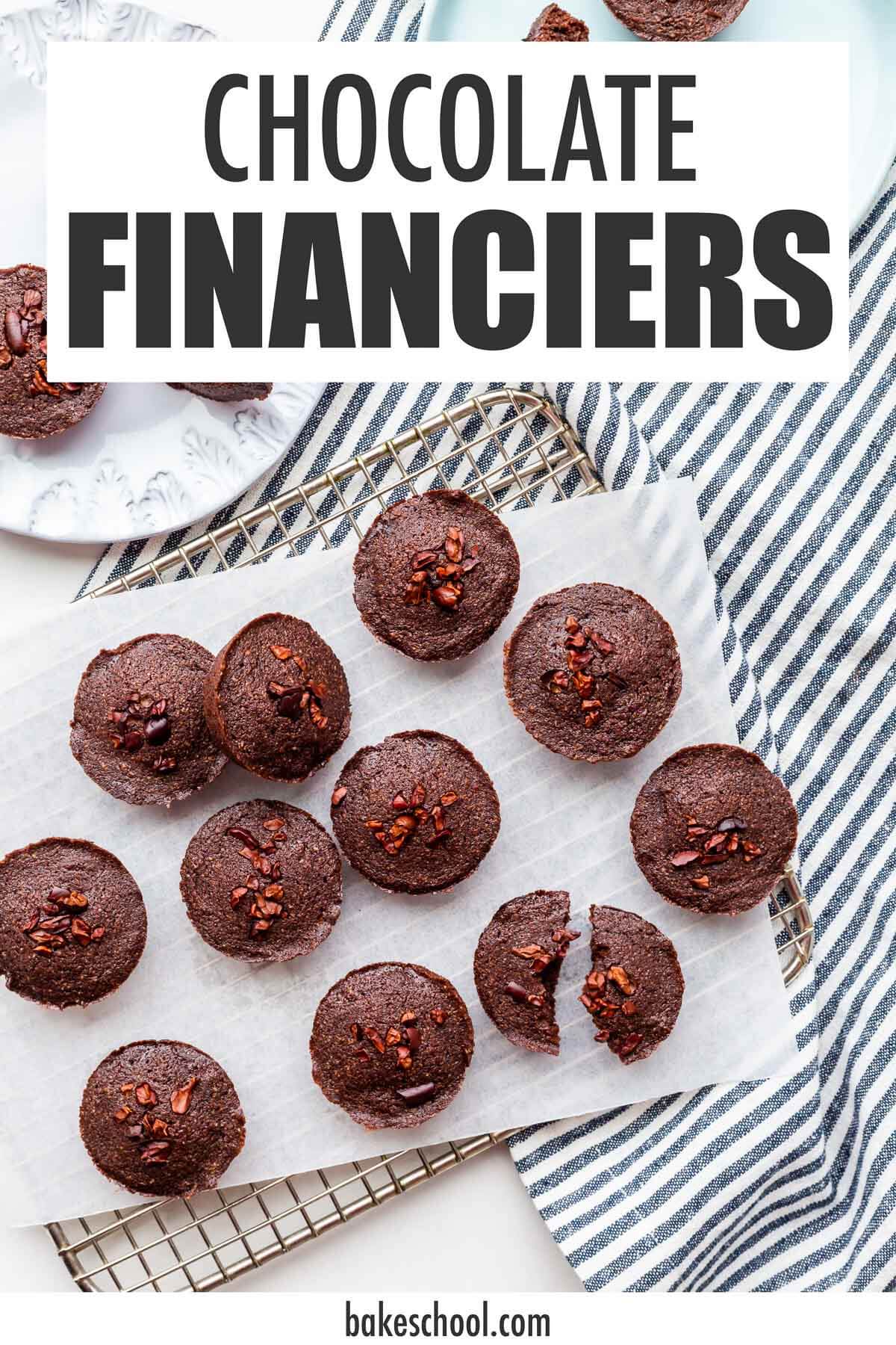 Chocolate financiers on a cooling rack with text overlay that reads "chocolate financiers".
