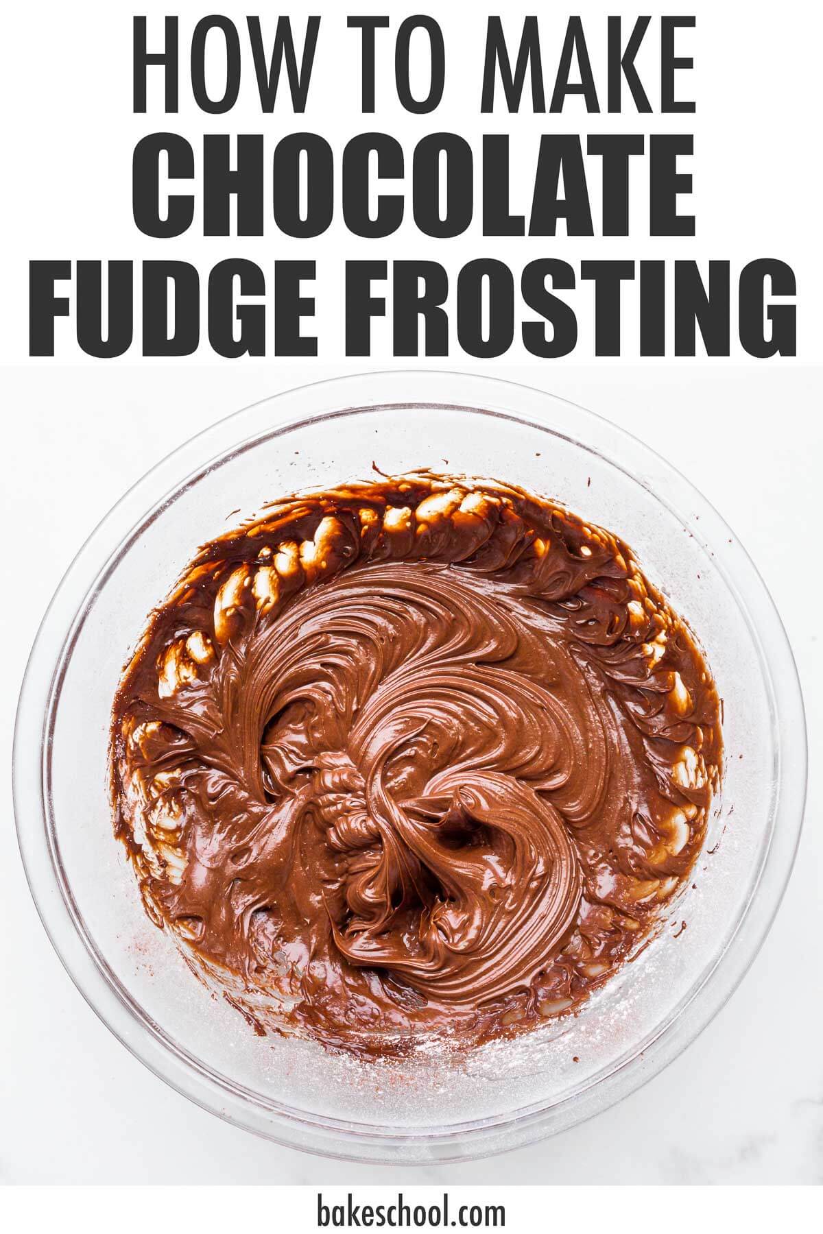 A glass bowl of glossy chocolate fudge frosting featuring text overlay that says "How to make chocolate fudge frosting".