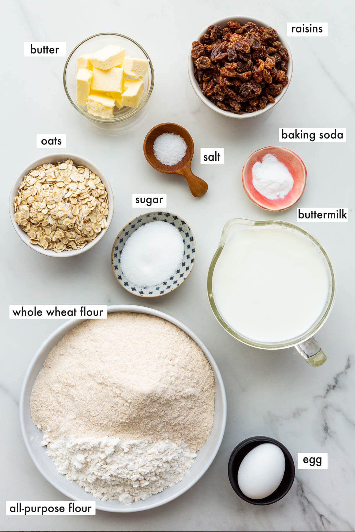 Ingredients to make Irish soda bread with raisins, measured and ready to be mixed.