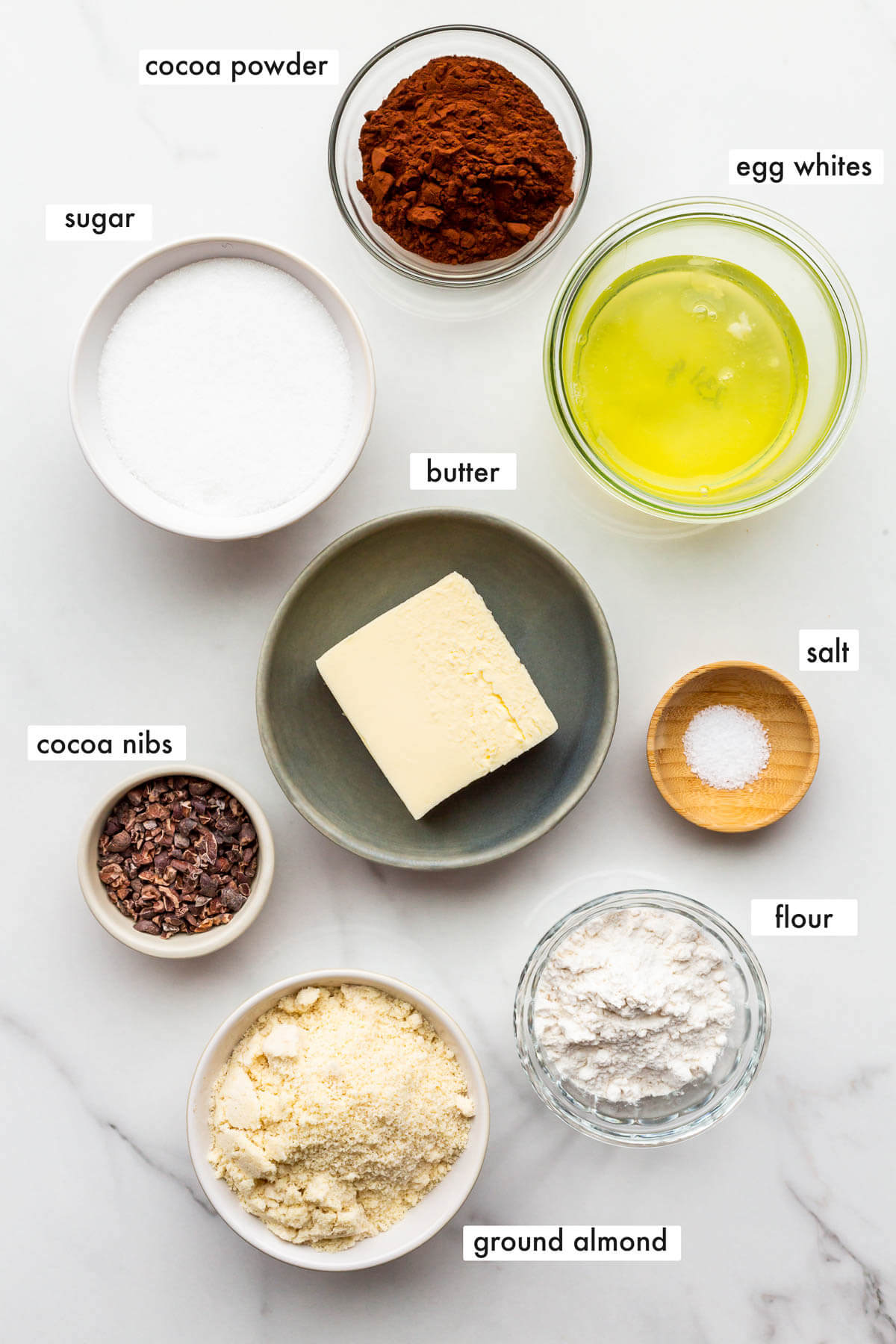 Ingredients to make chocolate financiers measured out and ready to be mixed.