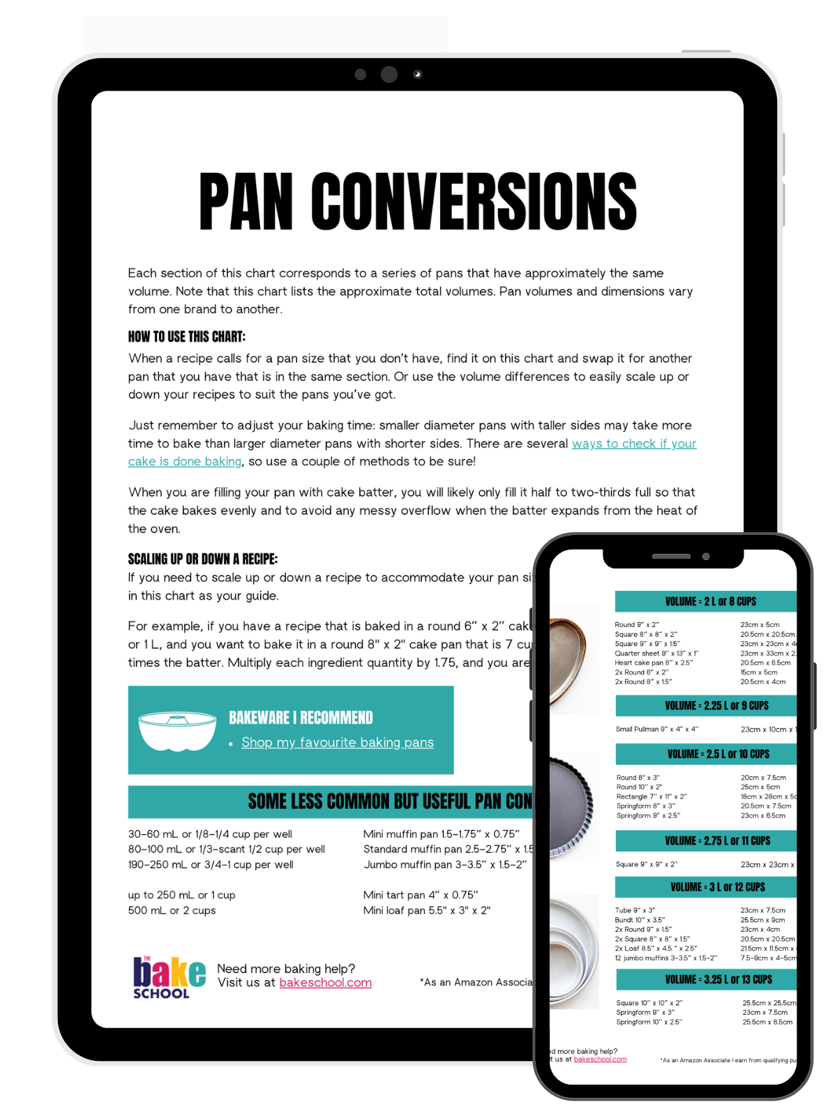 Cake pan substitution chart displayed on a tablet or smartphone.